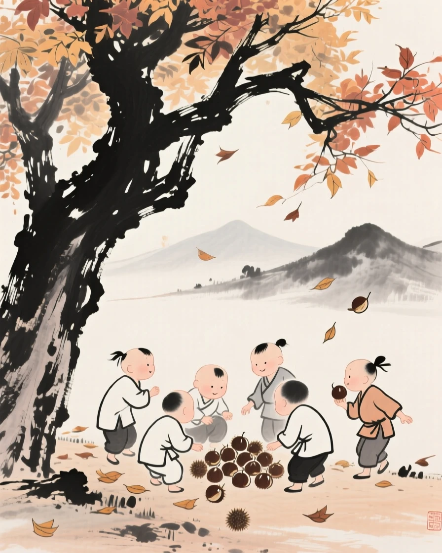 A group of children gather chestnuts beneath an autumn tree, with distant mountains softened by afternoon light.