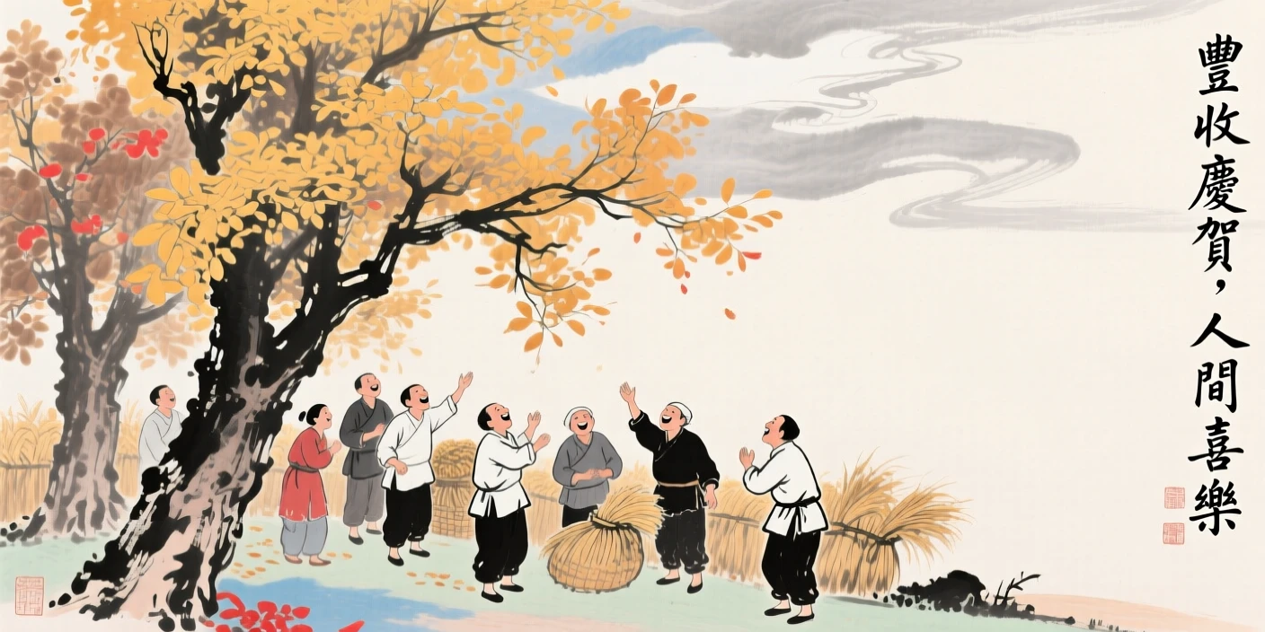 Farmers celebrating a bountiful harvest beneath golden autumn trees, in the height of summer, beneath low hanging clouds.