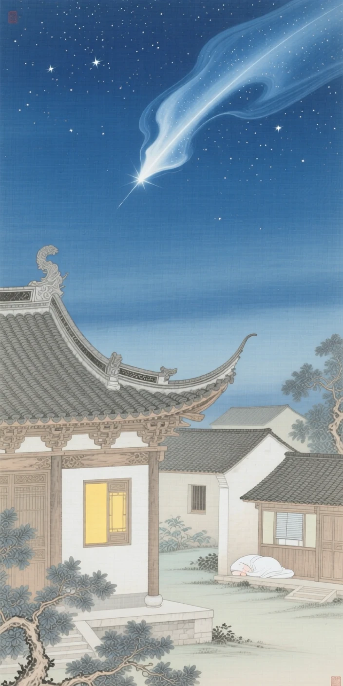 A shooting star streaking above a sleeping village, beside a quiet temple with a single lit window