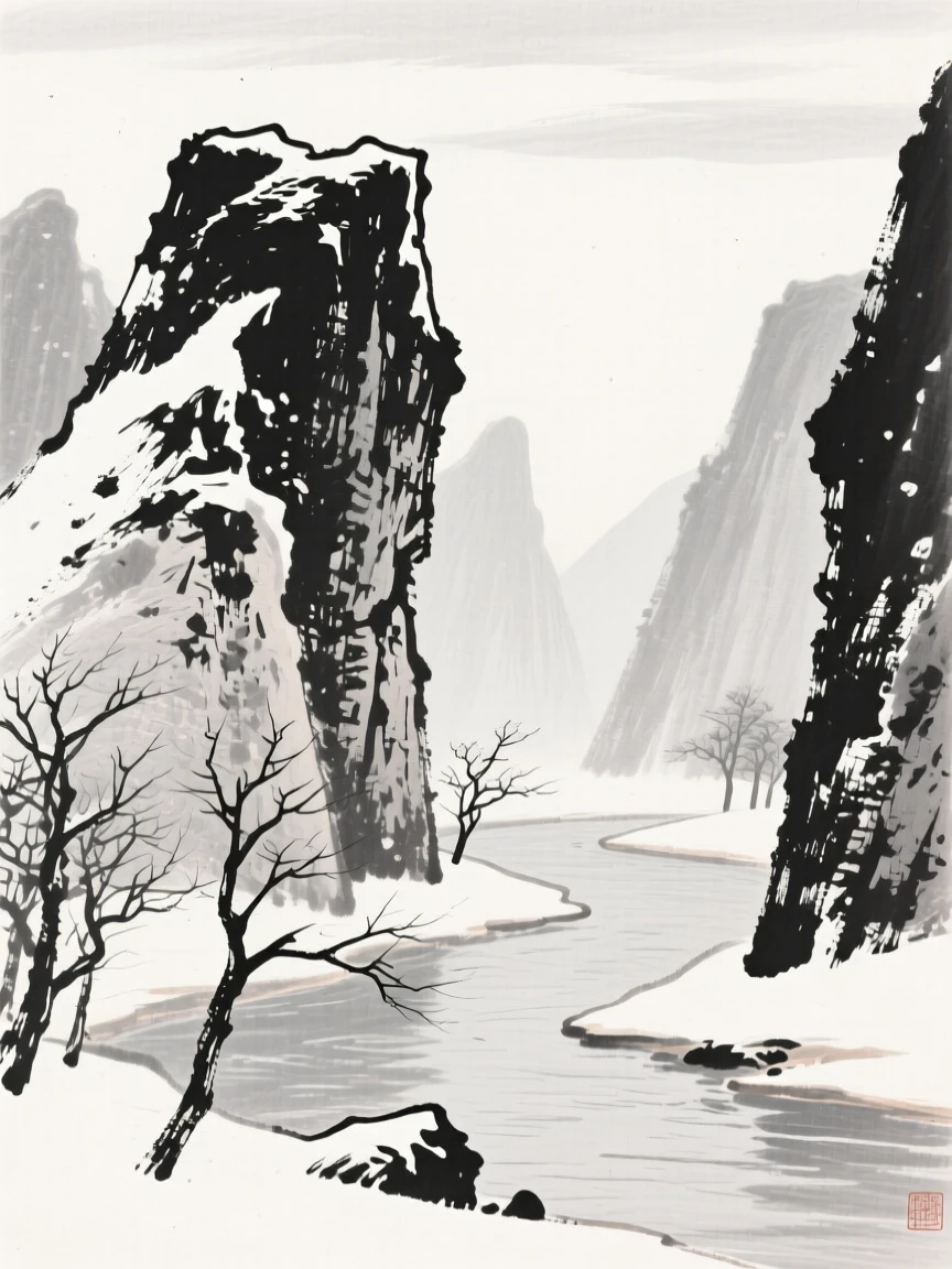A jagged limestone karst formation rising from a river bend under a pale winter sky heavy with unfallen snow, framed through a gap in the trees, revealing the valley beyond, suggesting the quiet vastness of the natural world.
