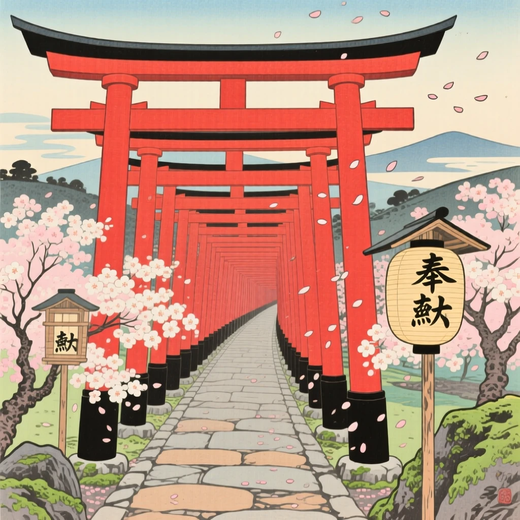 A tunnel of vibrant torii gates rising above blossoming cherry trees.