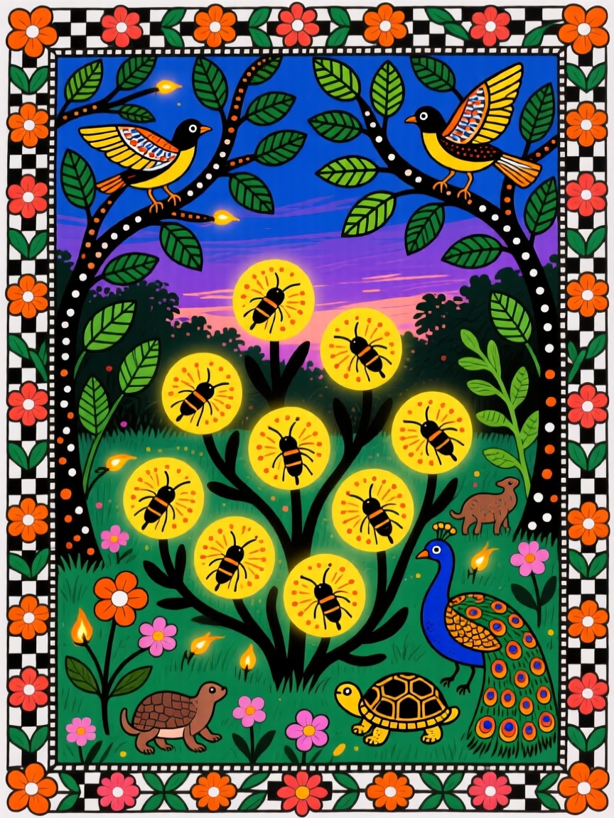 A cluster of fireflies lighting up a summer garden at twilight.