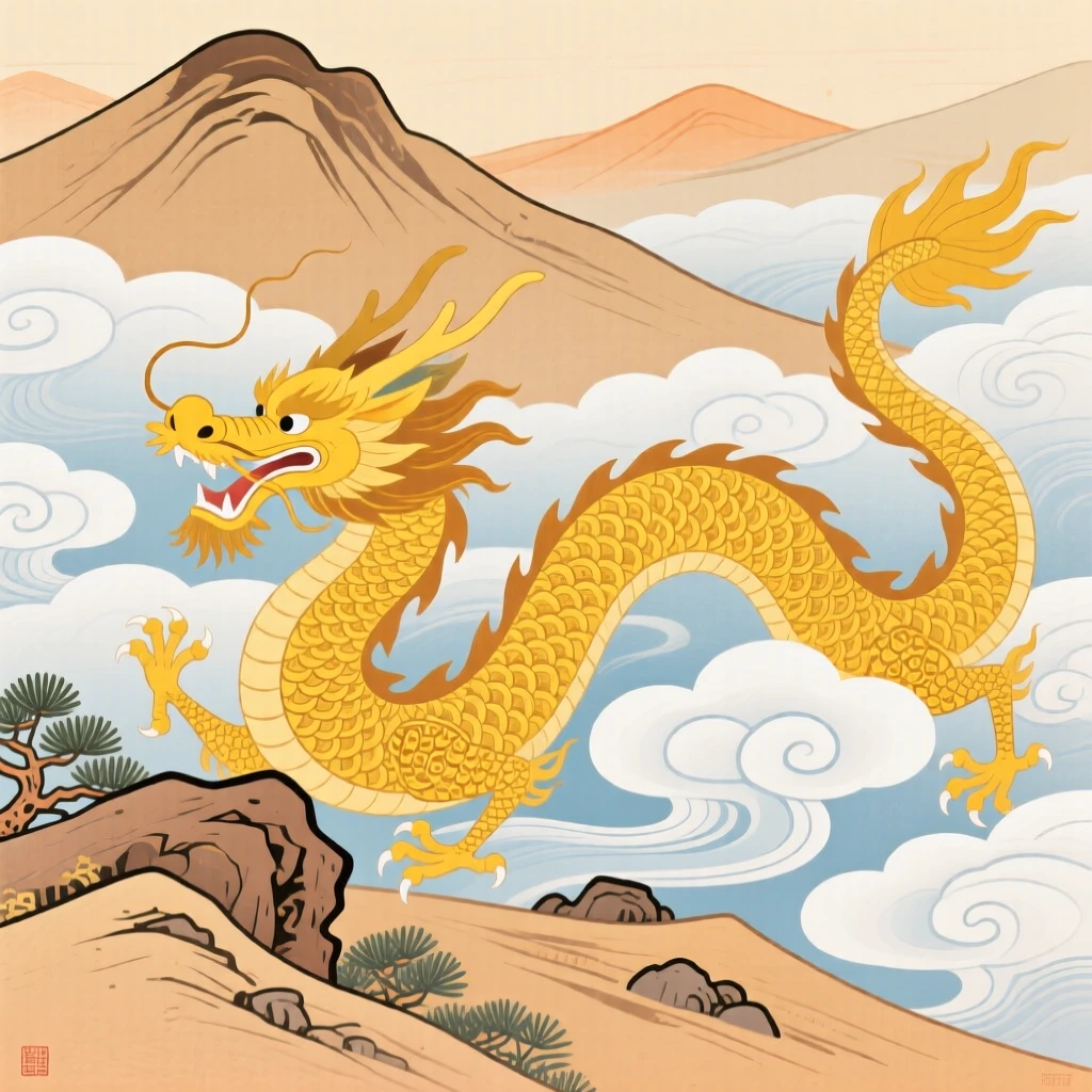 A golden dragon, emerging from behind rolling fog on a mountain ridge.