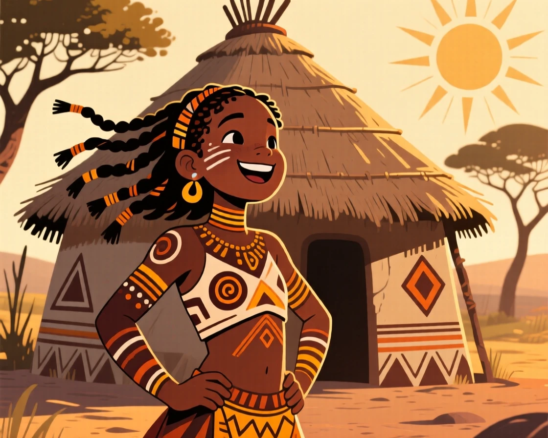 A lively young girl standing before a thatched hut at golden hour.