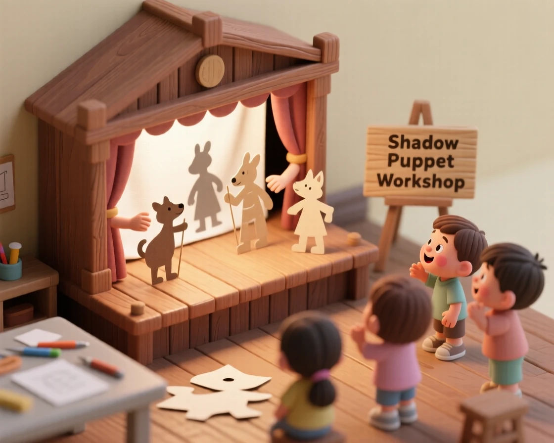 A shadow puppet theater workshop with cut paper figures being tested against a lit screen, children giggling at the silhouettes.