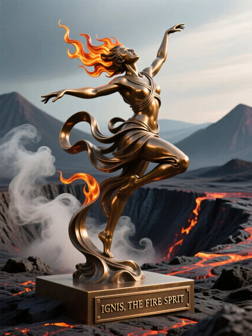 A fire spirit dancing above a volcanic crater, surrounded by swirling mist and light, radiating awe and grandeur