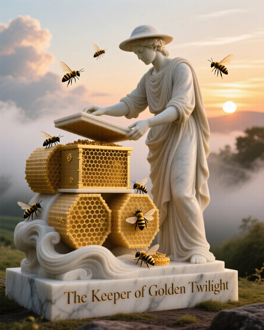A beautifully composed image of a beekeeper tending golden hives at sunset, amid swirling clouds and mist, full of atmosphere and visual storytelling
