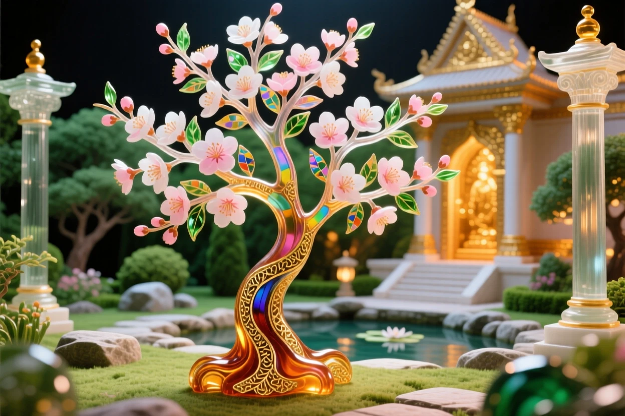 A grand temple garden with a single blossoming cherry tree at its heart, serene and sacred.