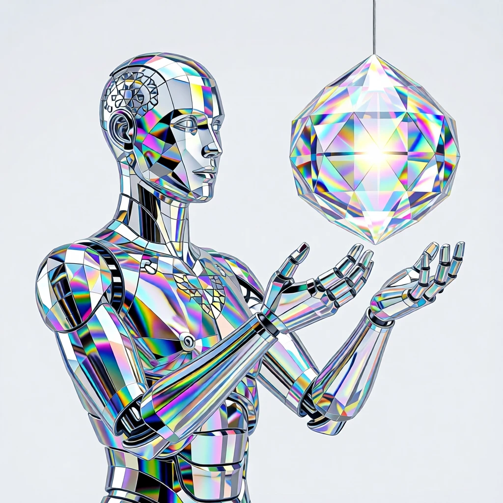An android artist sculpting a glowing light-based sculpture in mid-air.