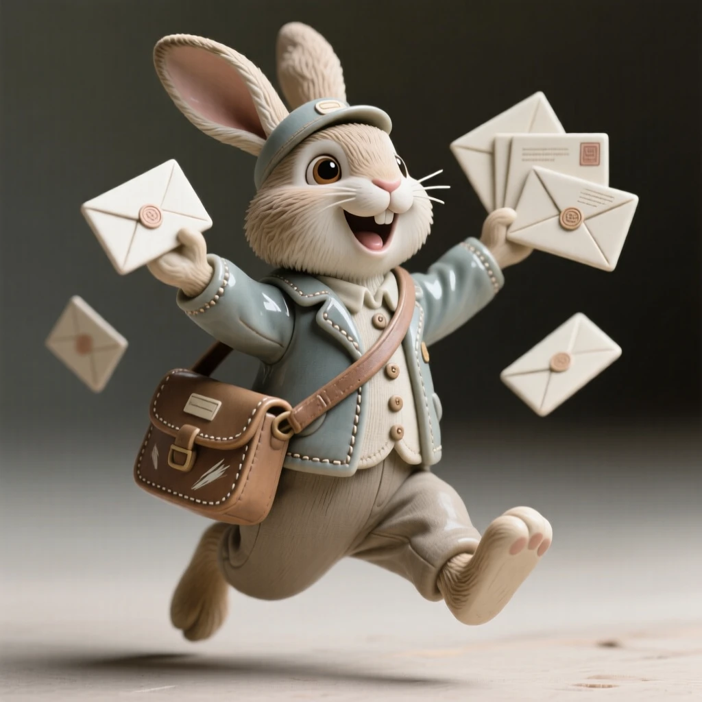 A rabbit postman delivering tiny letters captured mid-celebration with joyful energy, dressed in small, carefully stitched garments, evoking childlike wonder and gentle humor.