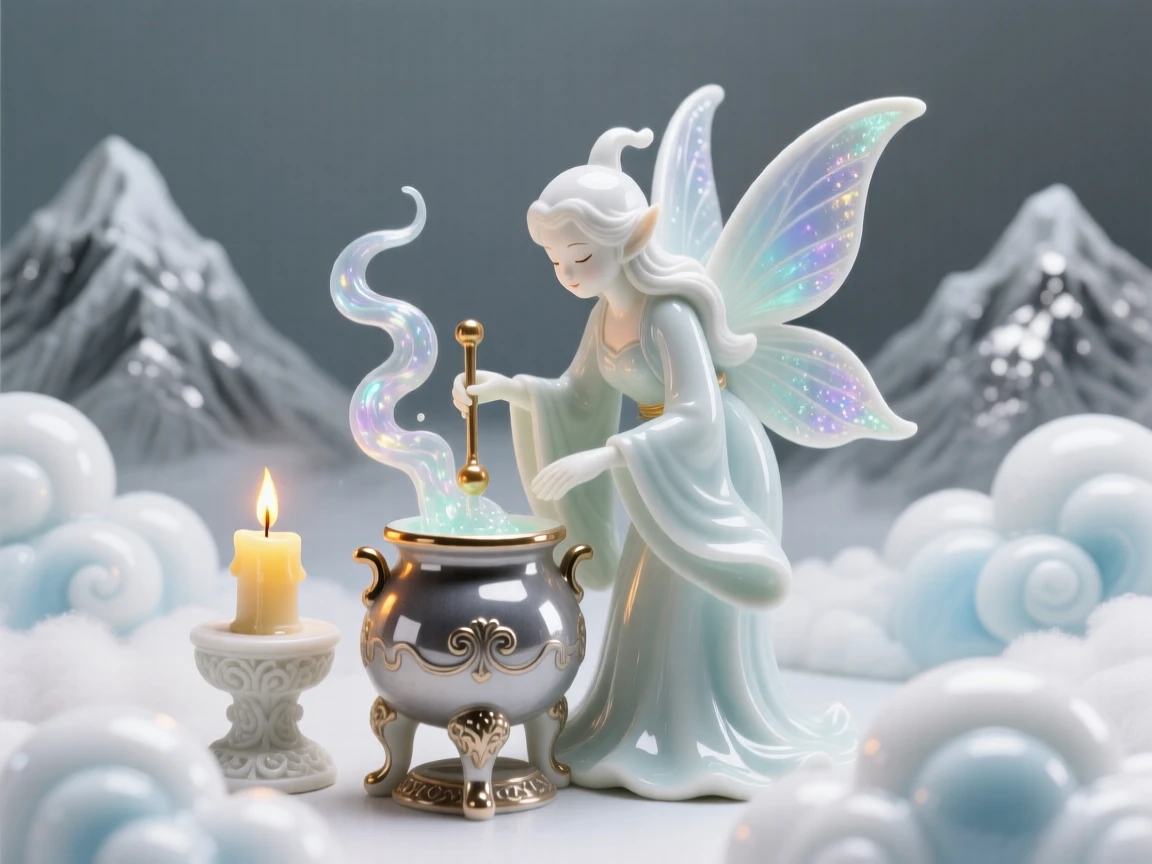 A whimsical scene of a fairy godmother brewing a shimmering potion by candlelight in a cloud kingdom above the mountains.