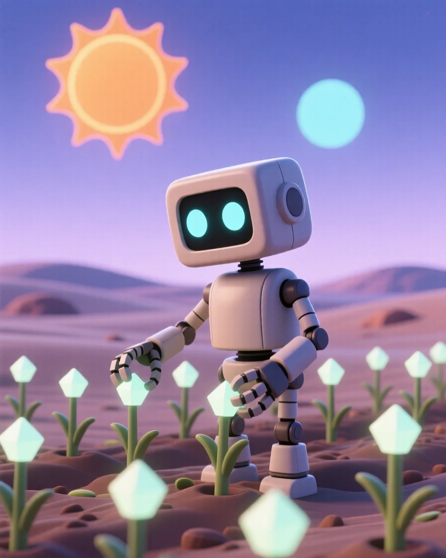 A determined robot farmer harvests glowing crops beneath twin suns on a distant colonized planet.