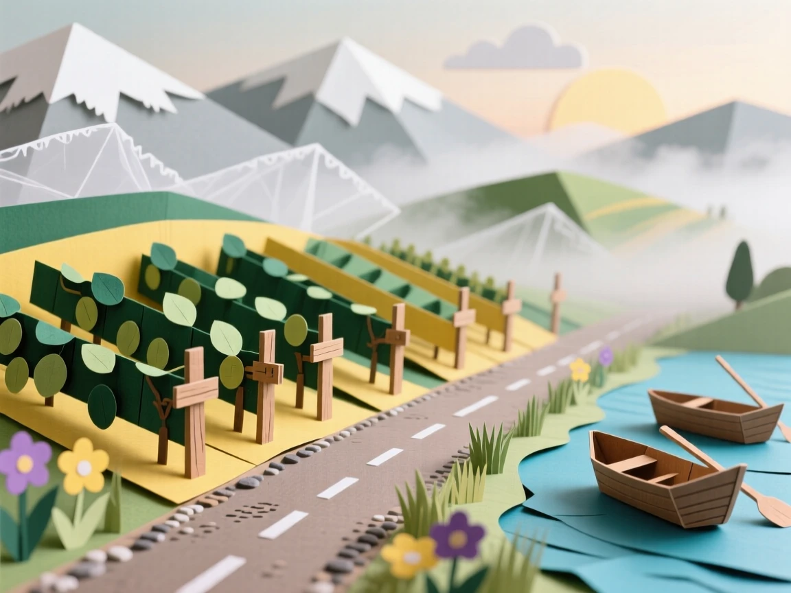 A vineyard-covered countryside road quiet and misty at early dawn, with small boats resting along the water, capturing a sense of discovery and adventure.