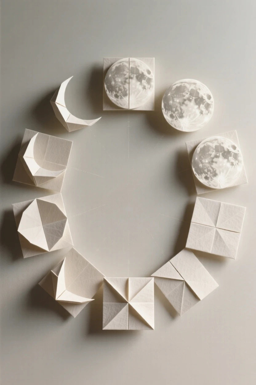 A decorative moon phase chart arranged in an elegant arching composition.