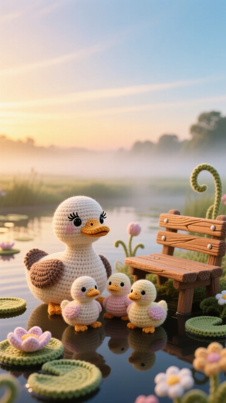 a quiet countryside pond at dawn, wrapped in soft morning mist, home to a family of ducks beneath a wide open sky at golden hour; a single wooden bench resting nearby completes the scene, full of a serene, storybook tranquility.