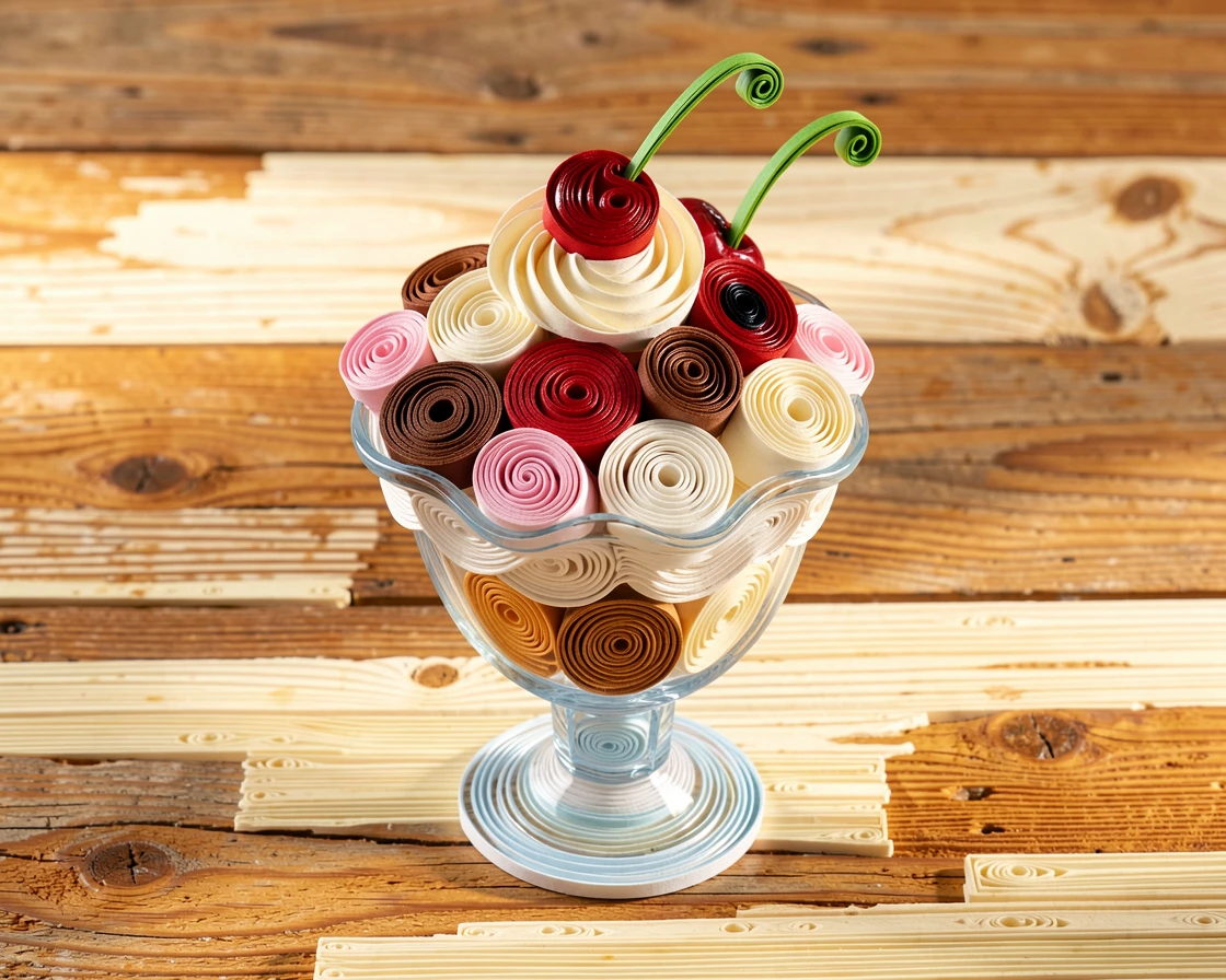 a colorful ice cream sundae with cherries on top, on a rustic wooden farmhouse table, composed with soft natural light from one side, in warm, appetizing tones of amber and cream.
