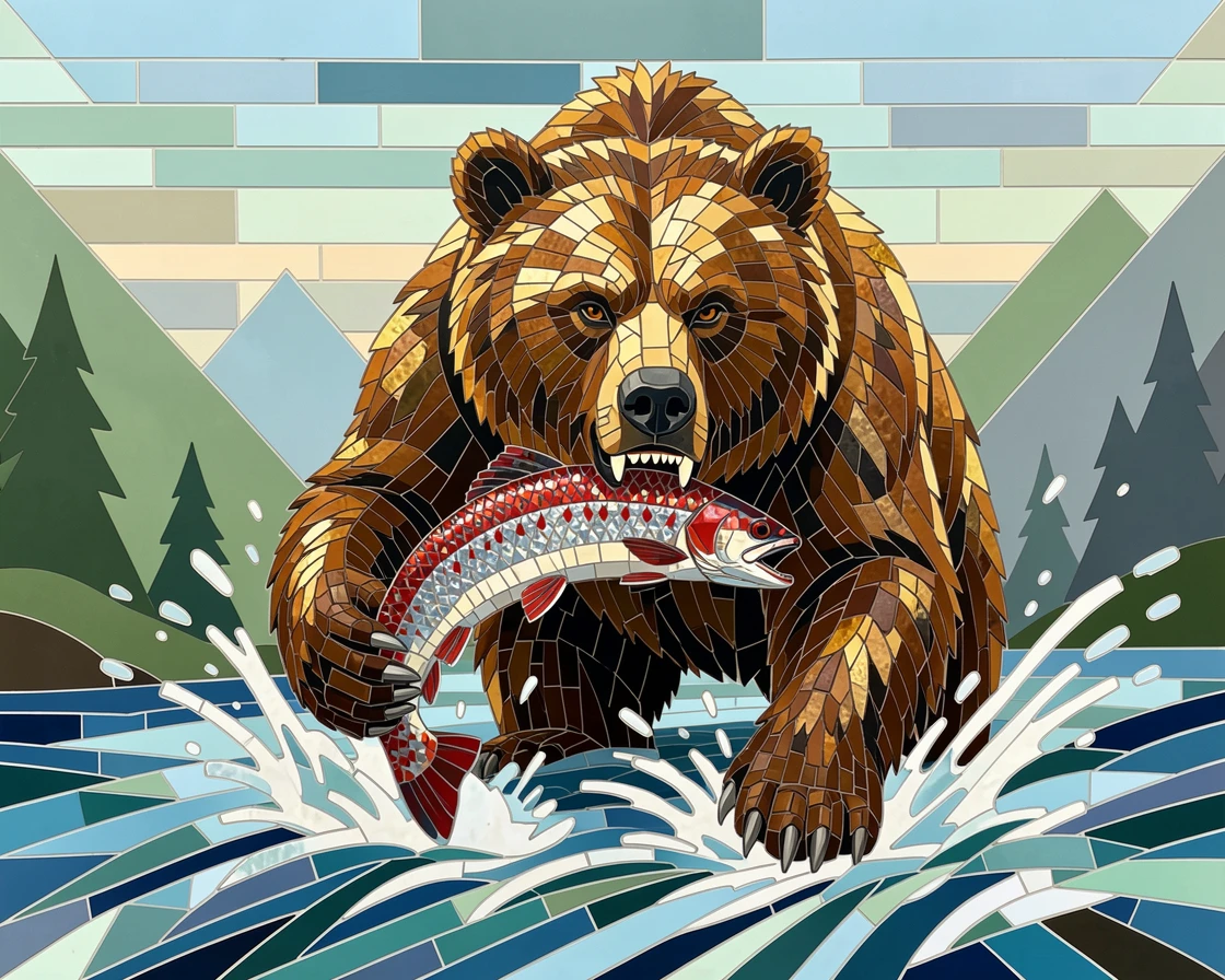 A grizzly bear catching salmon in a rushing river.