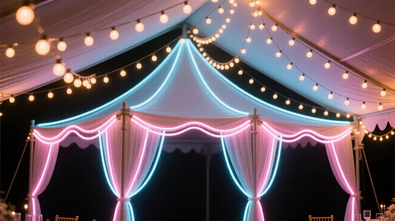 A wedding reception tent strung with hanging string lights.