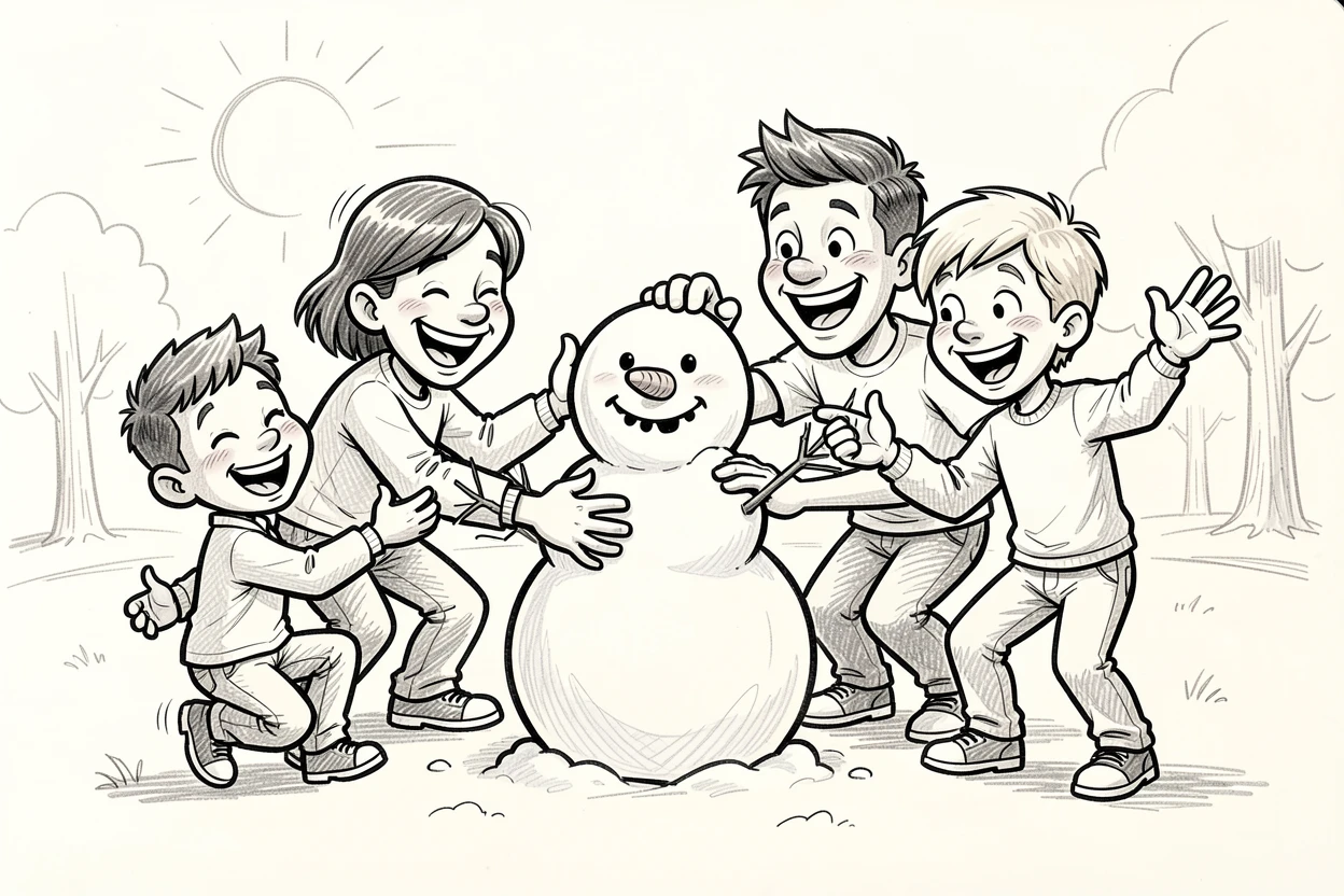 A family building a snowman together on a sunny afternoon in the park.