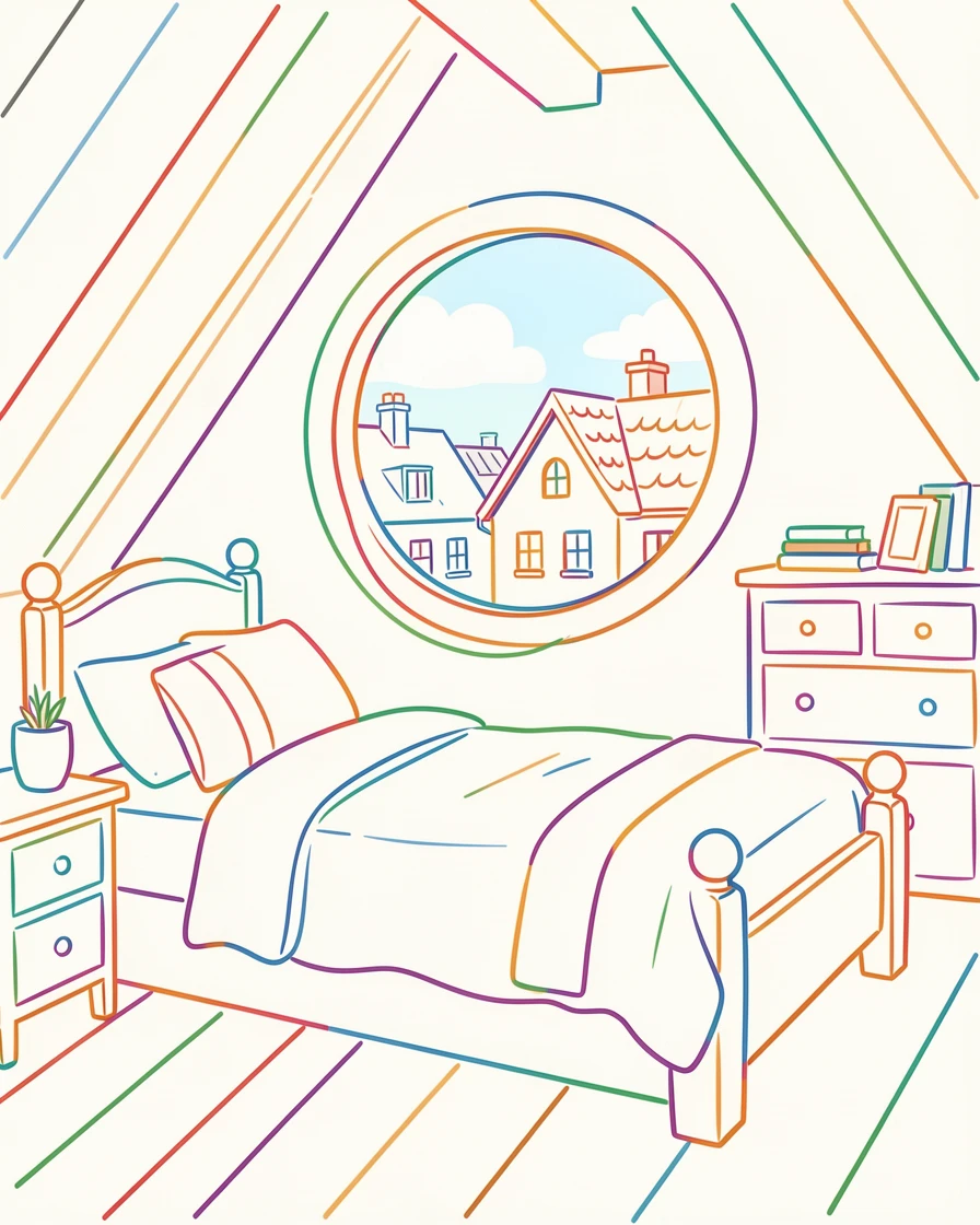 A cozy attic bedroom with a slanted ceiling and a round window overlooking rooftops.