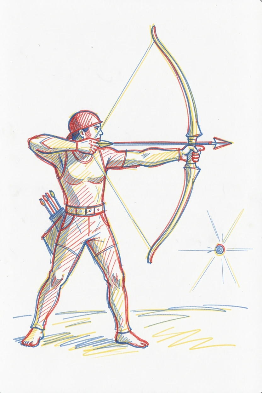An archer drawing back a bowstring, arrow aimed at a distant target