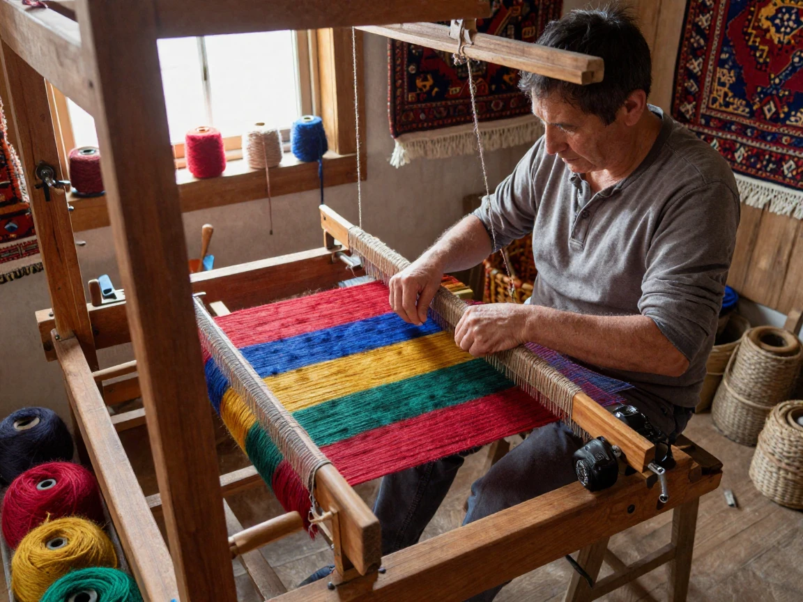 A traditional rug weaver working a loom with vibrant wool