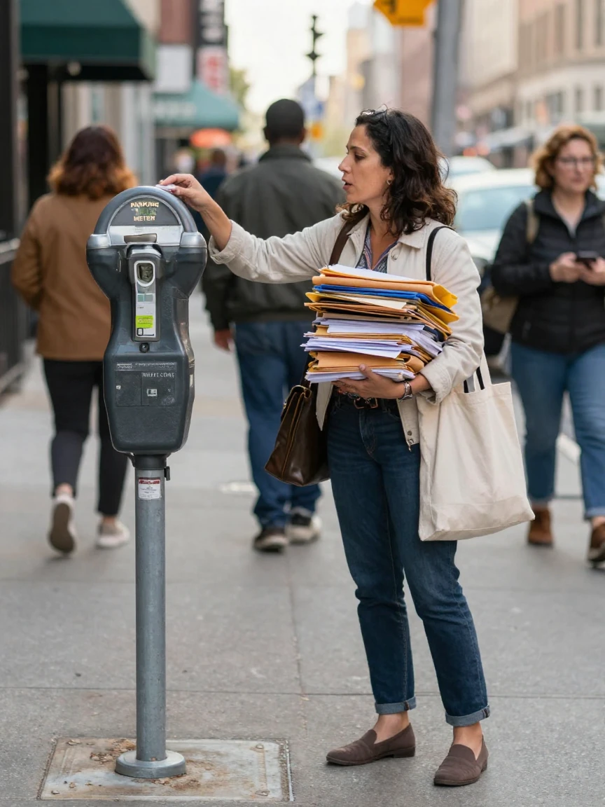 A woman feeds a parking meter while balancing a stack of files under one arm.