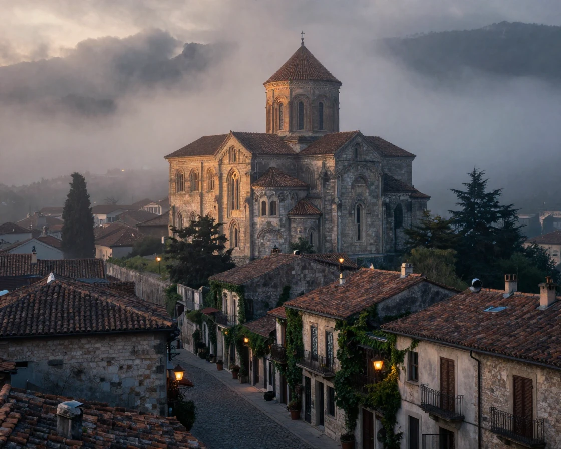 A hillside monastery wrapped in cloud standing quietly in the heart of an old European city