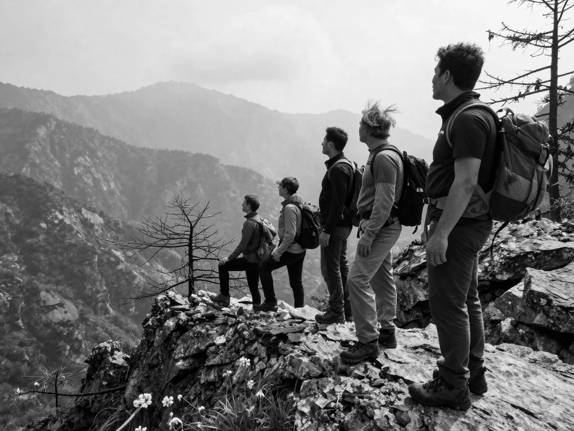 A group of trekkers pauses to admire the view below atop a windswept peak.
