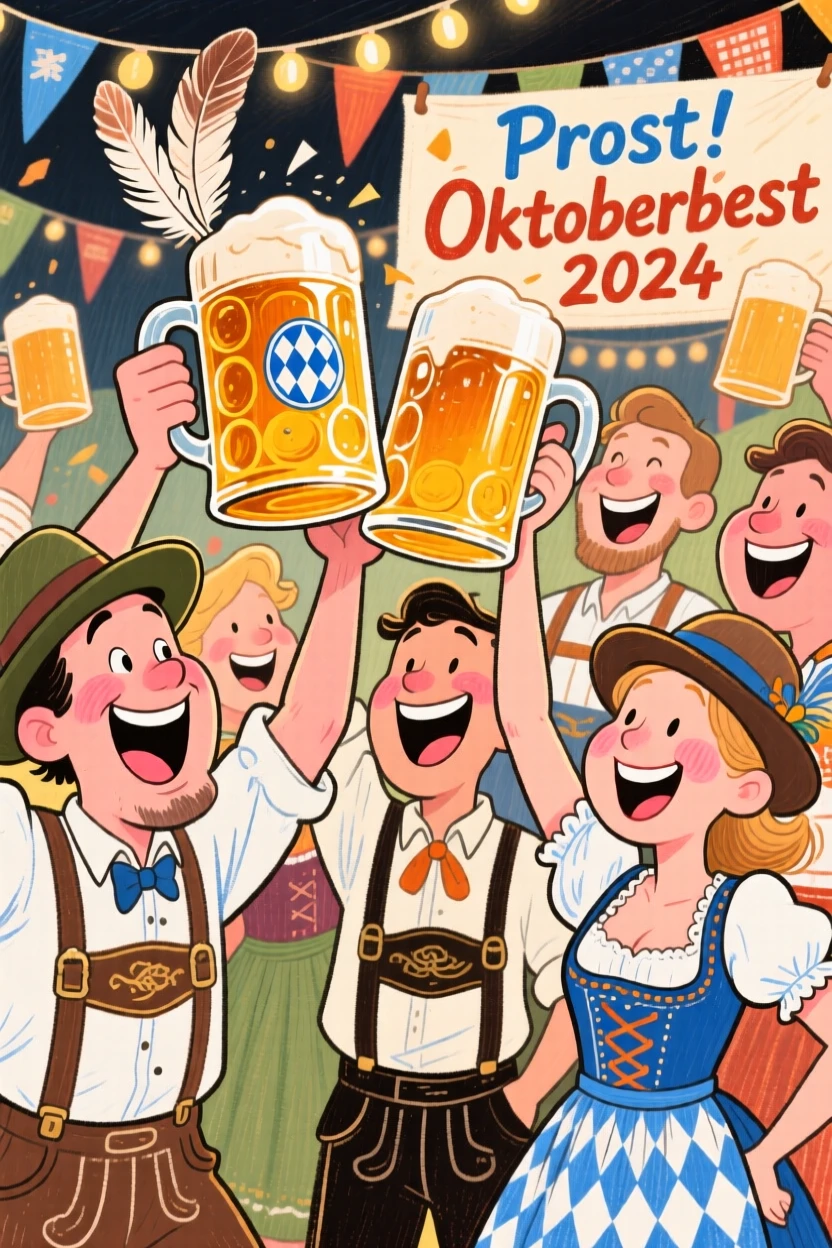 A group celebrating Oktoberfest, raising giant beer steins in a festive toast.