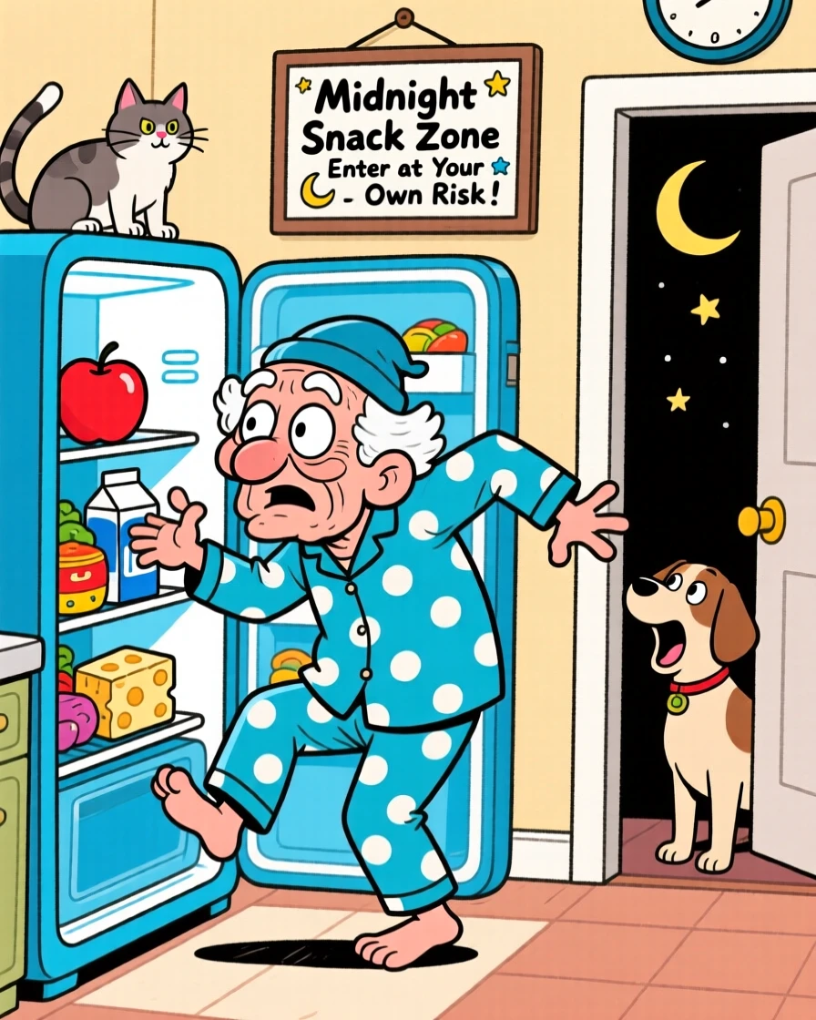 A funny expressive moment showing an elderly gentleman trying to sneak a midnight snack and getting caught, with arms flailing for balance.