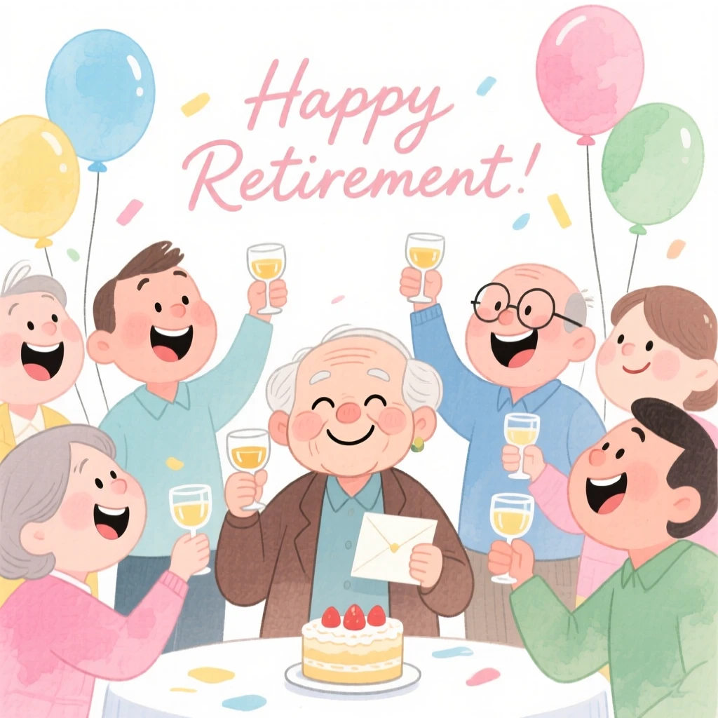 A joyful celebration scene of a retirement party with balloons and a celebratory toast, filled with warmth and laughter