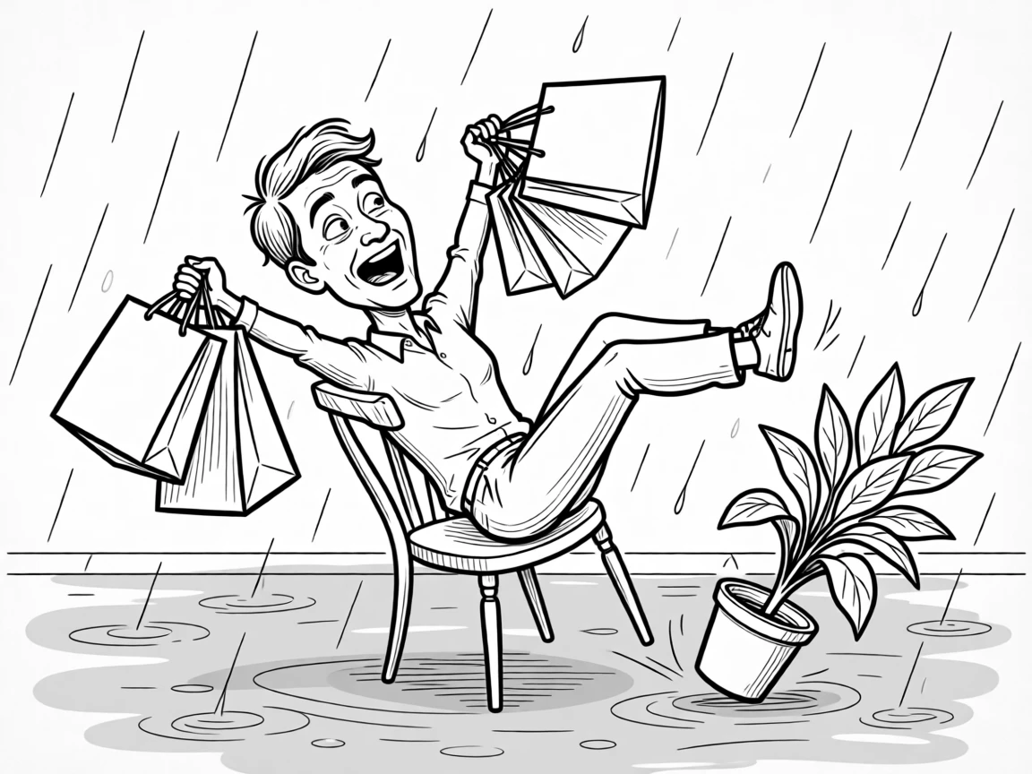 A person doing an exaggerated victory dance over parking spot, leaping backward onto a chair in mock terror, set on a rainy street with arms full of bags. A houseplant leans, seemingly startled too. It feels like a meme come to life, equal parts cringe and charm.