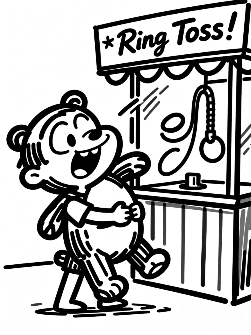 A kid winning an oversized stuffed animal at a carnival ring toss booth.