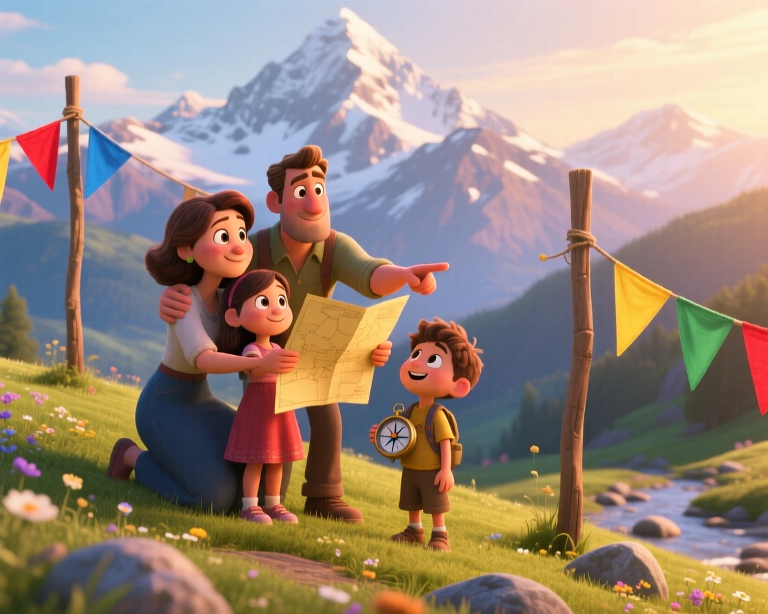 A family taking in the view stands in front of a snow-capped mountain range, tracing a path on an old paper map. A warm sense of gratitude and wanderlust colors the moment, with colorful flags fluttering nearby.
