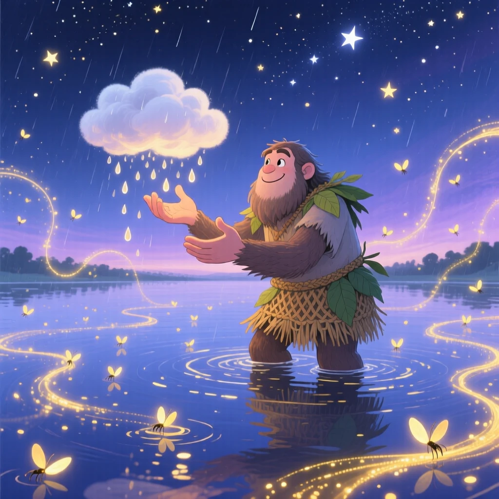 In a starlit lake, a friendly giant discovers a moment of wonder while taming a gentle storm cloud, with fireflies weaving glowing trails.