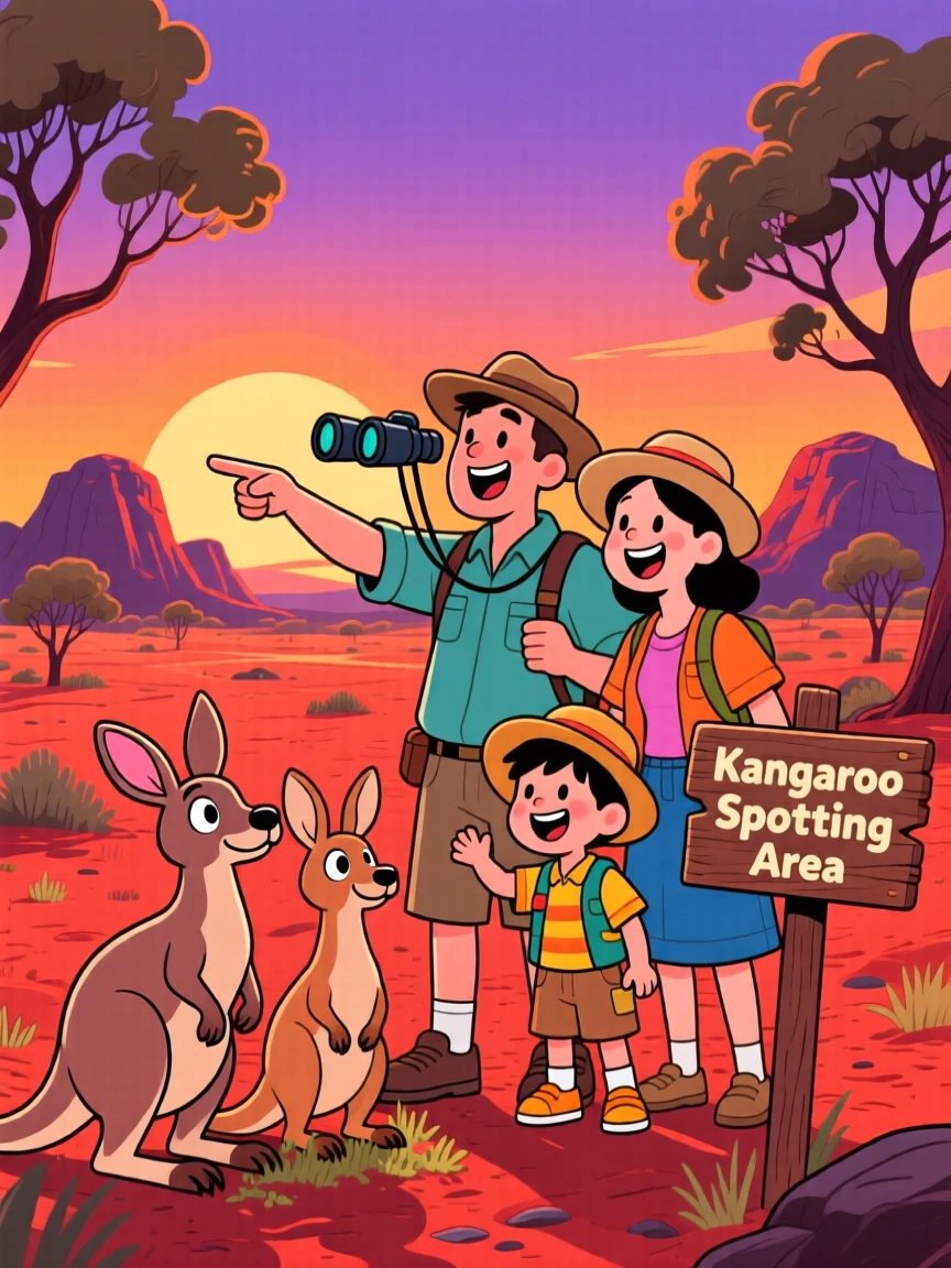 A family spotting kangaroos at sunset in the Australian outback.