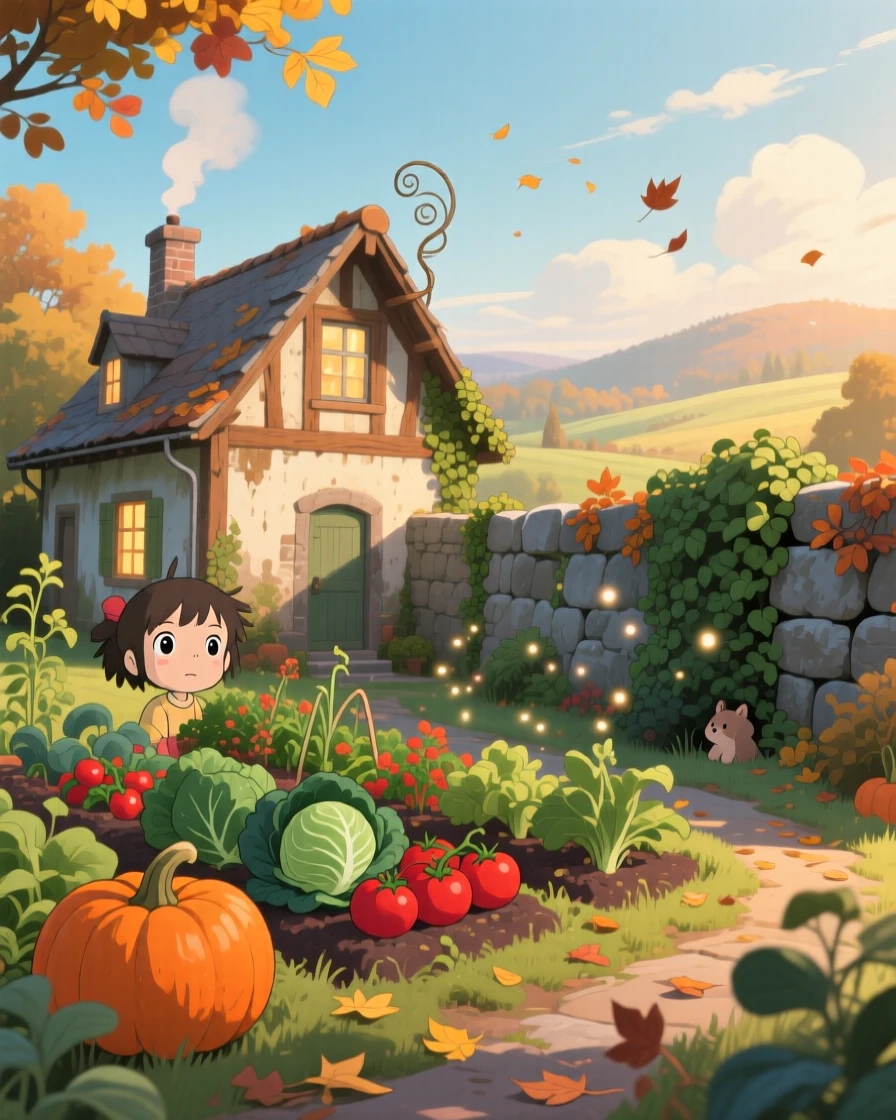 A farmhouse surrounded by neatly kept vegetable gardens, with ivy climbing up the side of an old stone wall, on a crisp autumn morning.