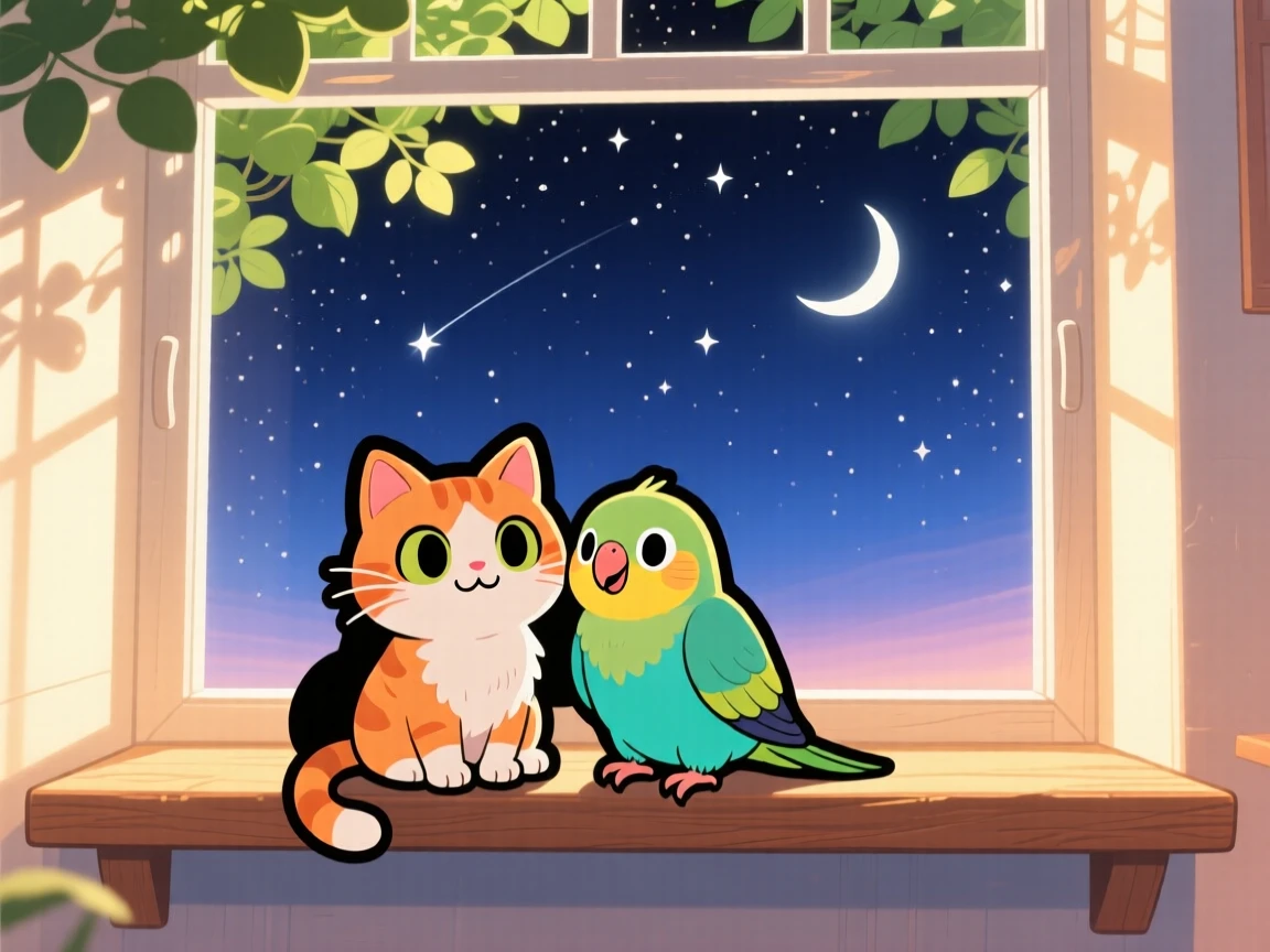 A cat and a parakeet becoming unlikely best friends on a windowsill in a bright sunny room under a starry midsummer night sky; dappled sunlight through a canopy washes over the scene as brave confidence fills the moment. Silhouette composition.