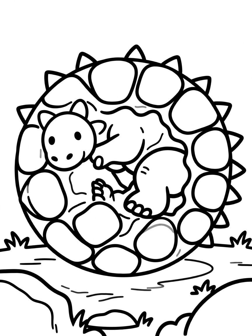 A young Ankylosaurus rolling into a ball for protection