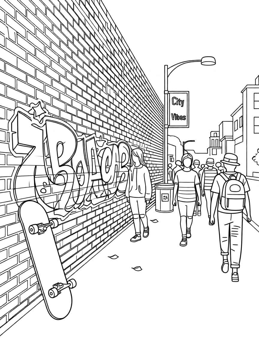 A skateboard resting against a graffiti-covered wall, with locals and travelers strolling nearby.