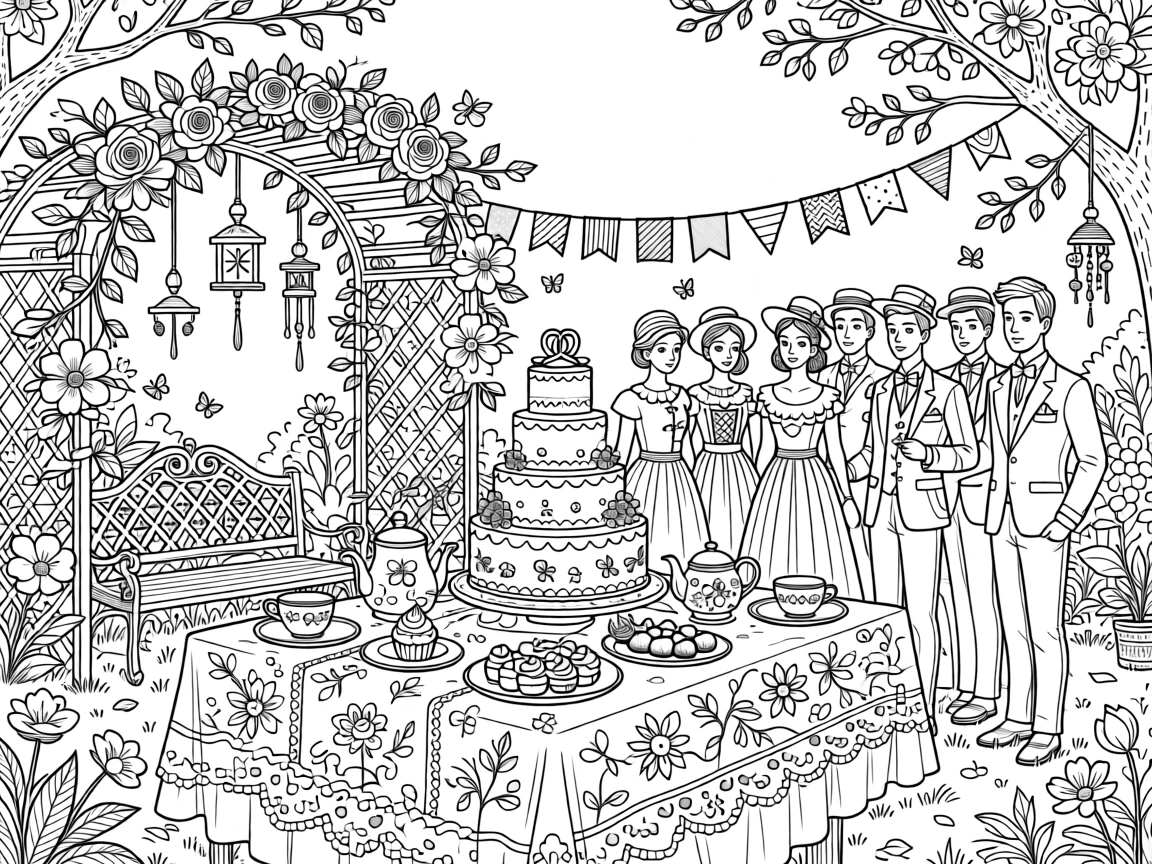 A springtime garden wedding shower scene with pastel bunting and cake.