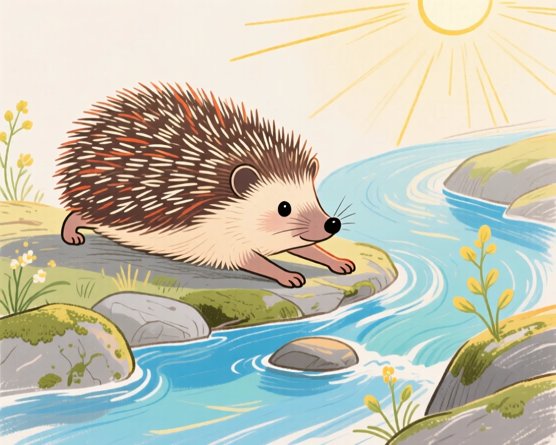 A small hedgehog stretching in the morning light beside a mountain stream in early spring.