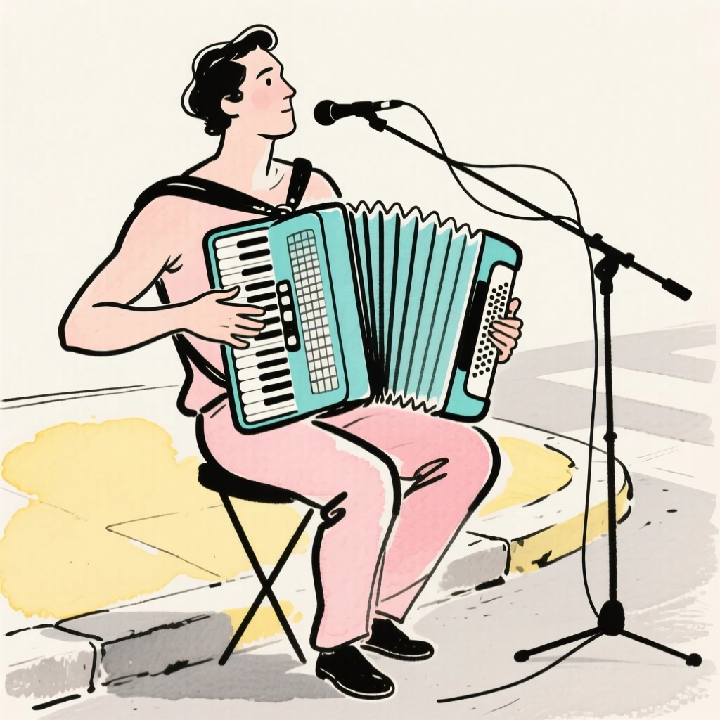 A busker playing accordion on a street corner