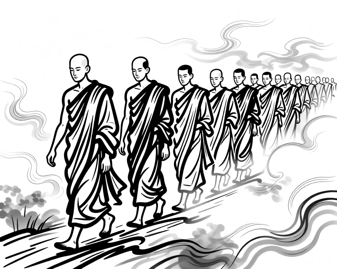 A Laotian monk procession walking silently through morning fog.