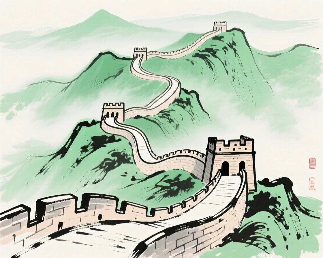 The Great Wall of China winding across misty green mountains.