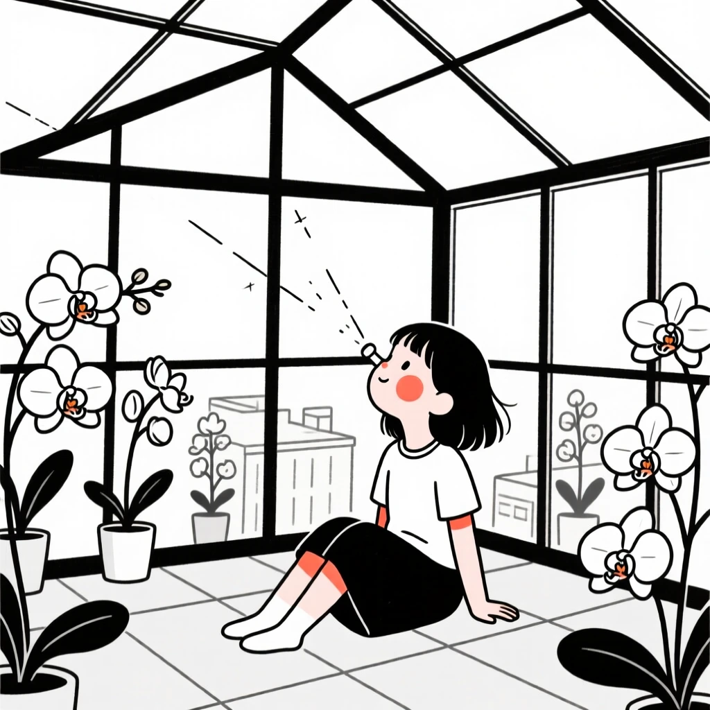 A young girl stargazing from a rooftop, in a greenhouse full of orchids.