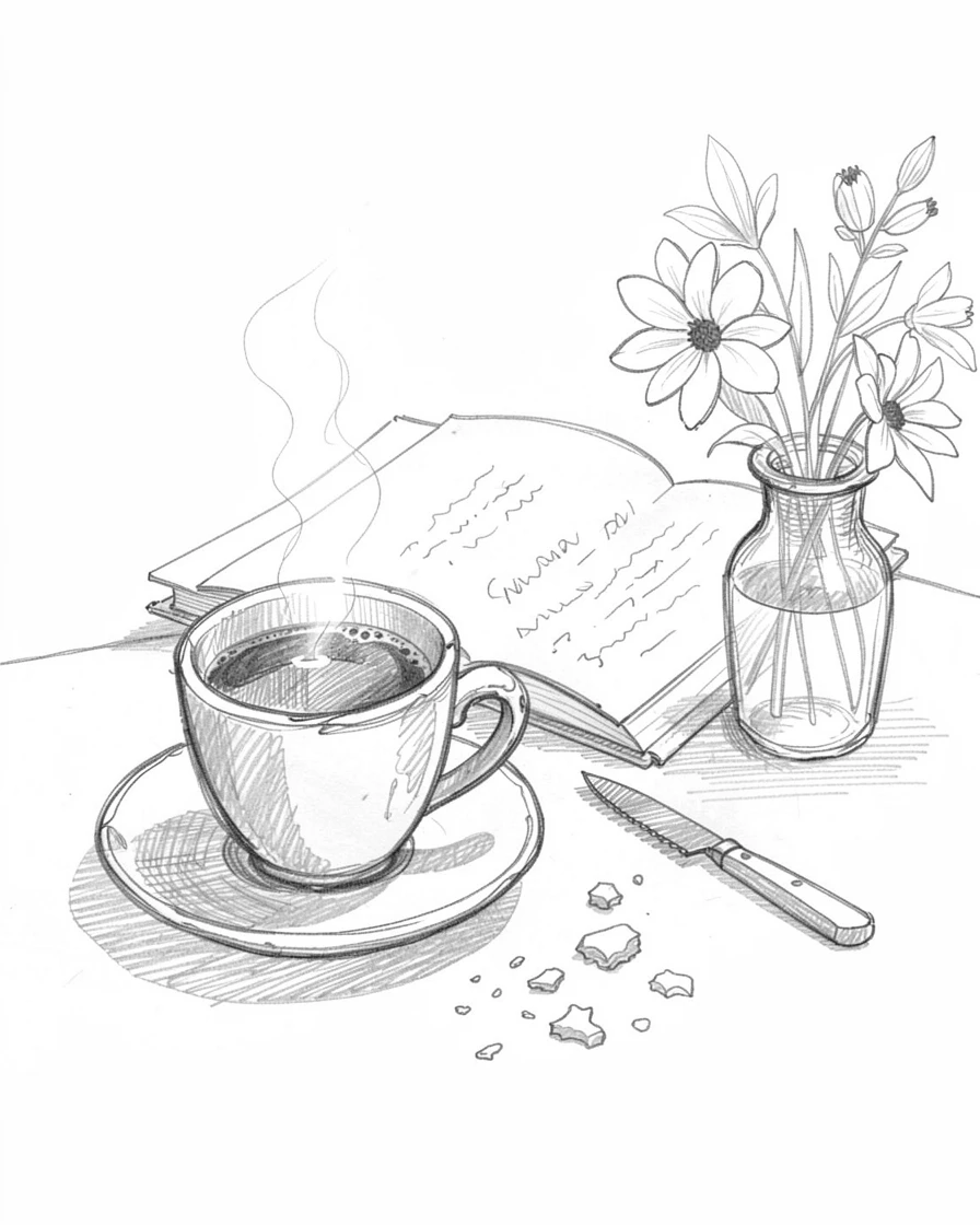 A cozy food scene featuring a steaming cup of coffee beside an open book beside fresh flowers in a vase, with crumbs and a knife resting beside it.