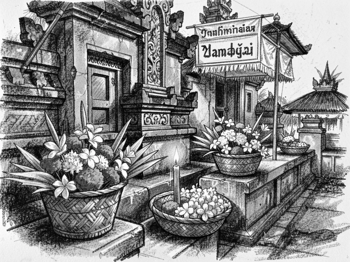 A traditional Balinese temple ceremony with offerings of flowers, as soft candlelight flickers nearby.