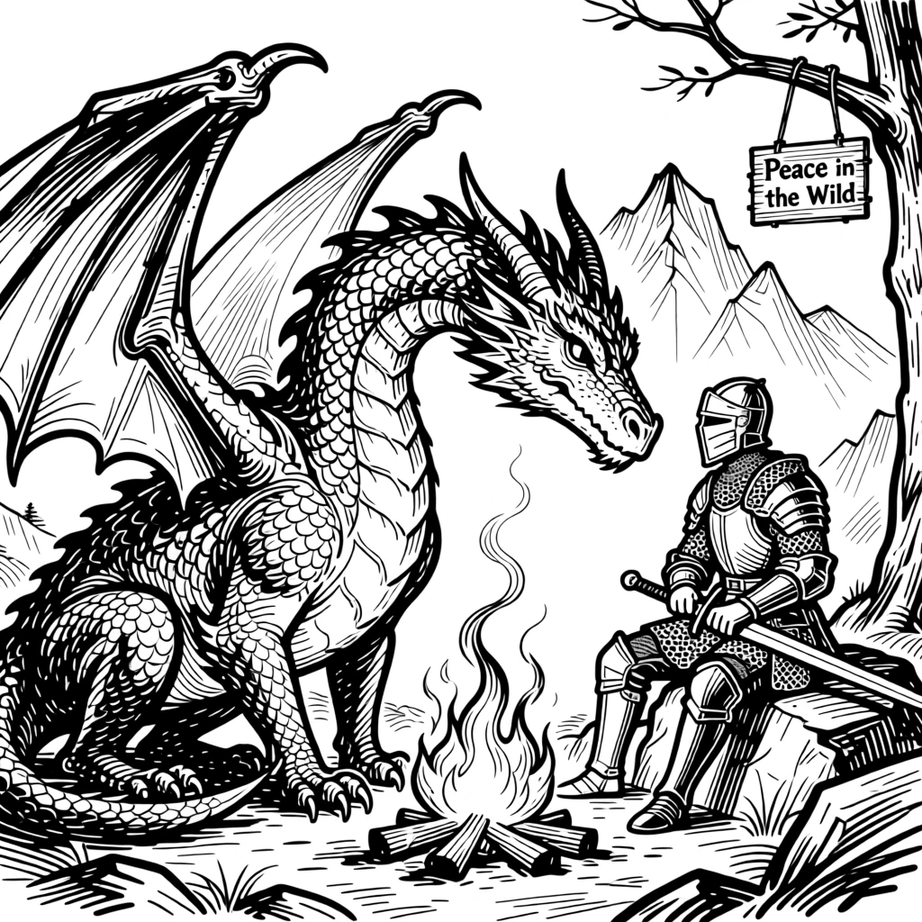 A dragon and a knight sharing a quiet moment beside a mountain campfire.
